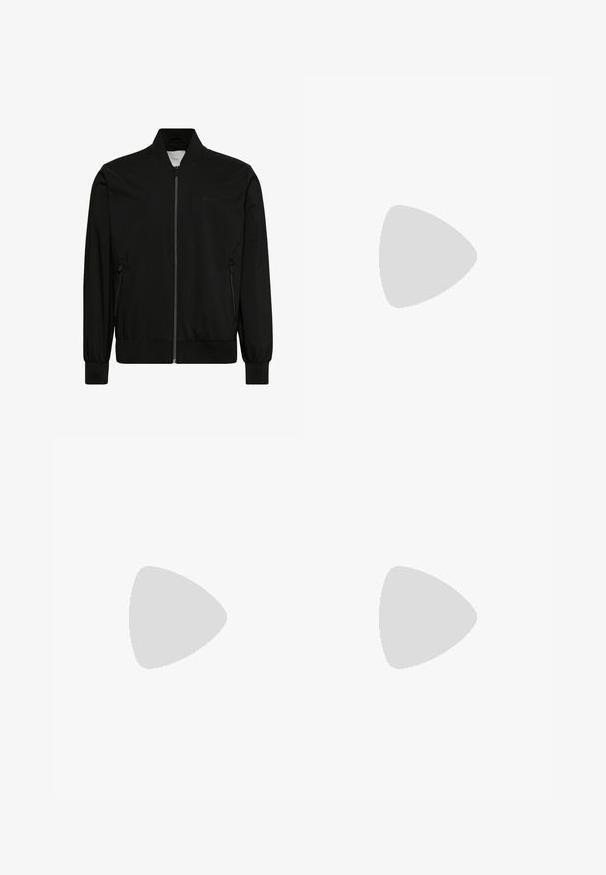 Veste bomber noire en tissu lisse, dotée d'une fermeture éclair sur le devant, d'un col et de poignets côtelés, ainsi que de poches latérales. Design minimaliste sans logos visibles.; Chemise noire à manches longues, ajustée, avec col ras du cou, arborant un logo Icebreaker discret sur la manche gauche, présentée sur un fond blanc.; Pantalon noir avec taille élastique, jambes droites et poches latérales, conçu pour un usage décontracté ou professionnel.; Baskets de sport noires avec un dessus en mesh, des accents texturés et une semelle en caoutchouc épaisse. Présente un tirant à l'arrière et un design à lacets.