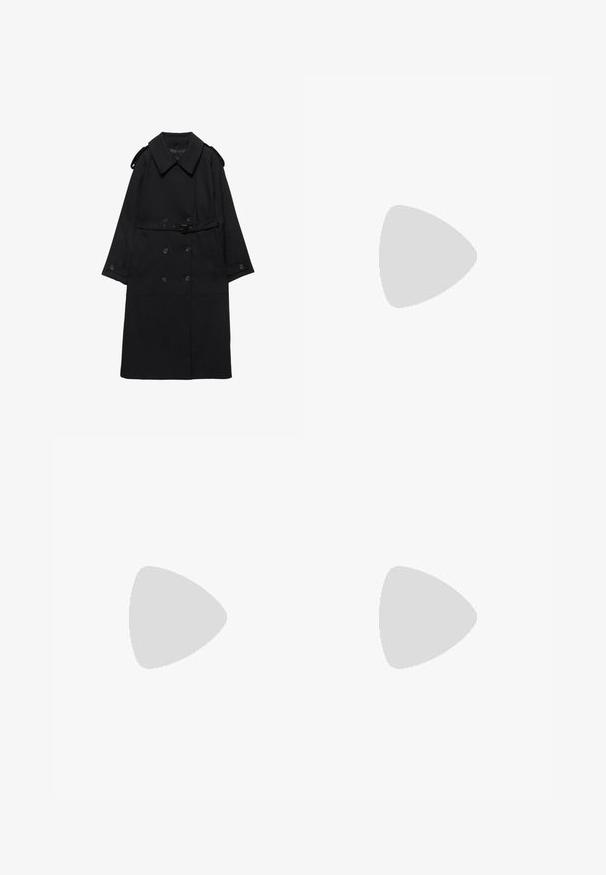 Trench coat noir avec large col, boutons croisés, taille ceinturée, poignets à boutons et épaulettes, posé à plat sur fond blanc.; T-shirt en coton blanc avec manches courtes retroussées, encolure ronde et ourlet droit. Texture lisse sans motifs ni accents visibles.; Jeans noirs à jambes larges avec bouton devant, fermeture éclair, passants de ceinture et design cinq poches sur fond blanc.; Baskets Adidas noires avec des bandes blanches et une semelle en gomme flottant au-dessus d'escaliers en béton gris sous une lumière naturelle.