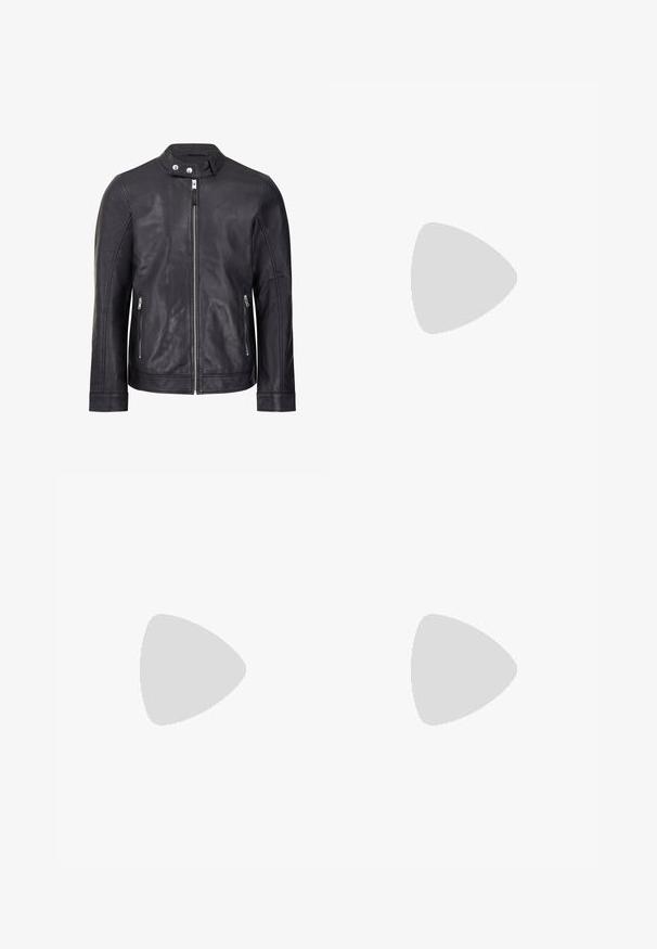 Bolongaro Trevor Classic Racer - Veste en cuir - black; Polo shirt blanc en coton, avec un col traditionnel, des manches courtes et une patte de boutonnage à trois boutons, avec des accents navy discrets à l'intérieur.; Jeans noirs slim-fit avec poches avant, passants de ceinture, et fermeture à bouton, présentés sur un fond blanc.; Baskets blanches en cuir avec des surfaces texturées, un col rembourré et un amorti d'air visible dans la semelle. Elles possèdent des lacets et un design minimaliste.