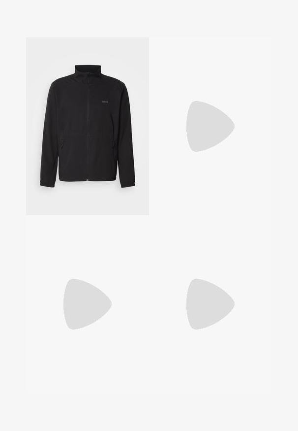 Sort jakke med ståkrave, frontal lynlås og to sidelommer. Har et diskret logo på venstre bryst og elastiske manchetter.; Enkelt mørkegrønt T-shirt med korte ærmer og rund hals med et lille diskret tekstlogo på venstre bryst.; Lige pasform blå denim jeans med frontknap, lynlås lukning og fem lommer, præsenteret på en hvid baggrund.; Sorte lavtop lædersneakers med tekstureret overflade, sorte snørebånd og tyk gummisål, vist fra siden på en lys baggrund.