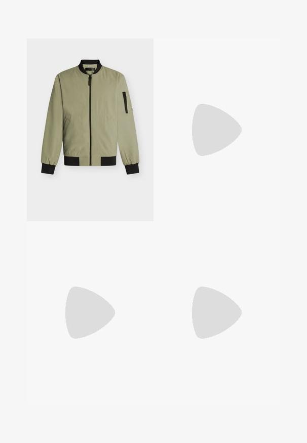Veste bomber vert olive clair avec col, poignets, ourlet noirs, fermeture éclair avant, deux poches latérales et poche zippée sur la manche gauche.; T-shirt blanc texturé à manches courtes, col rond, coupe régulière et petite étiquette de marque à l'intérieur du col.; Pantalon beige à jambes droites avec ceinture noire ajustable, taille élastique d'un côté et couture décorative à l'avant.; Baskets blanches avec une tige à texture lisse, bout arrondi et laçage traditionnel, arborant un design minimaliste et une semelle en caoutchouc.