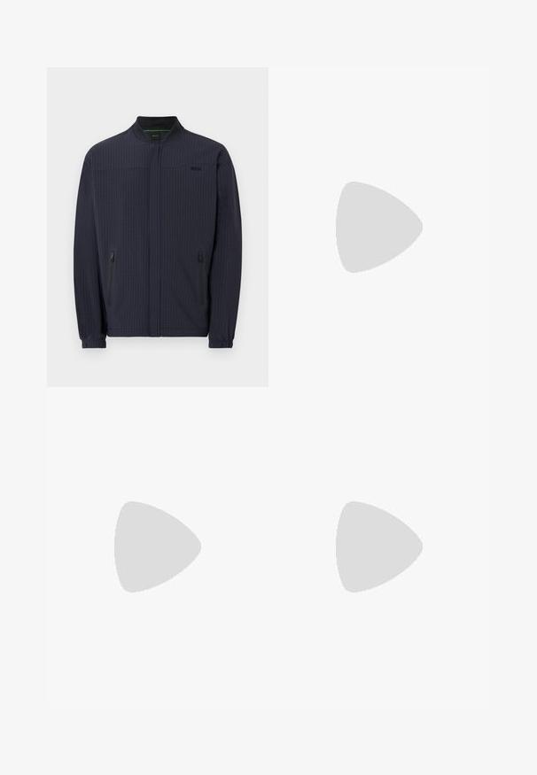 Veste zippée bleu marine avec col montant, poignets élastiques, deux poches latérales zippées, motif vertical subtil et petit logo sur la poitrine.; T-shirt noir à manches courtes et col rond avec le logo "Porsche BOSS" centré sur la poitrine, sur un fond uni.; Pantalon de jogging gris clair avec taille élastique et cordon, avec poches cargo latérales et jambes fuselées avec poignets.; Baskets basses noires à fermeture à lacets, semelle plate, avec une petite étiquette "HUGO" sur le côté, présentées de profil sur un fond clair.