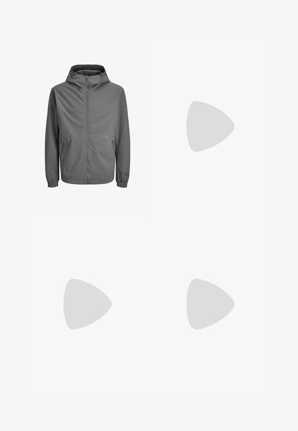 Veste légère grise avec capuche, fermeture éclair à l'avant, poignets élastiques et deux poches latérales. Tissu lisse, design minimaliste, logo de marque subtil.; T-shirt en coton gris à manches courtes, col rond et coupe décontractée. Présente une couleur unie et simple, sans motifs ni accents visibles.; Jean droit noir délavé avec cinq poches, fermeture à boutons et passants de ceinture.; Baskets de sport grises avec lacets, semelle rembourrée et languette au talon, montrées en profil latéral sur fond neutre.