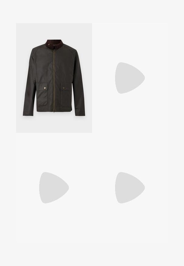 Barbour BEDALE WAX JACKET - Übergangsjacke - olive; Schwarzes und graues kariertes Flanellhemd mit langen Ärmeln, Knopfverschluss vorne, zwei Brusttaschen und einem leicht abgerundeten Saum. Strukturiert. ; Braune Cargo-Hosen aus einem strapazierfähigen Baumwollmischgewebe. Verfügt über zwei seitliche Cargo-Taschen und ein gerades Bein mit einer leicht strukturierten Oberfläche.; Chelsea-Boots aus glattem schwarzem Leder mit braunen elastischen Seitenteilen, kontrastierenden Nähten und einer strukturierten Gummisohle.