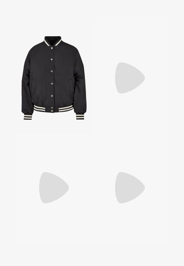 Veste bomber noire avec col et poignets côtelés rayés blancs. Présente des boutons-pression et des poches latérales, conçue avec une coupe structurée.; Chemise blanche à manches longues avec paysage japonais bleu, soleil rouge, grue et texte rouge "Japanese Blossom" en anglais et en caractères japonais.; Pantalons cargo noirs avec une coupe large, taille élastique avec une ceinture, et deux grandes poches latérales pour le rangement.; Baskets blanches épaisses avec semelle épaisse, fermeture à lacets sur le devant et cuir synthétique lisse avec des détails subtils de couture.