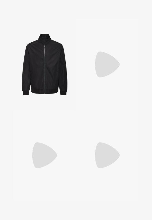 Veste noire zippée avec col montant, manches longues, poches latérales, poignets et ourlet côtelés, présentée sur un fond blanc.; T-shirt noir en coton à manches courtes avec un col rond et une coupe décontractée. Texture lisse et ourlet droit, sans graphismes ni motifs visibles.; Jack & Jones Classic Wide Leg Fit - Pantalon classique - black; Mocassin en cuir noir avec une large sangle sur le devant, semelle en caoutchouc à épaisse rainure, et texture lisse. Design classique et élégant.