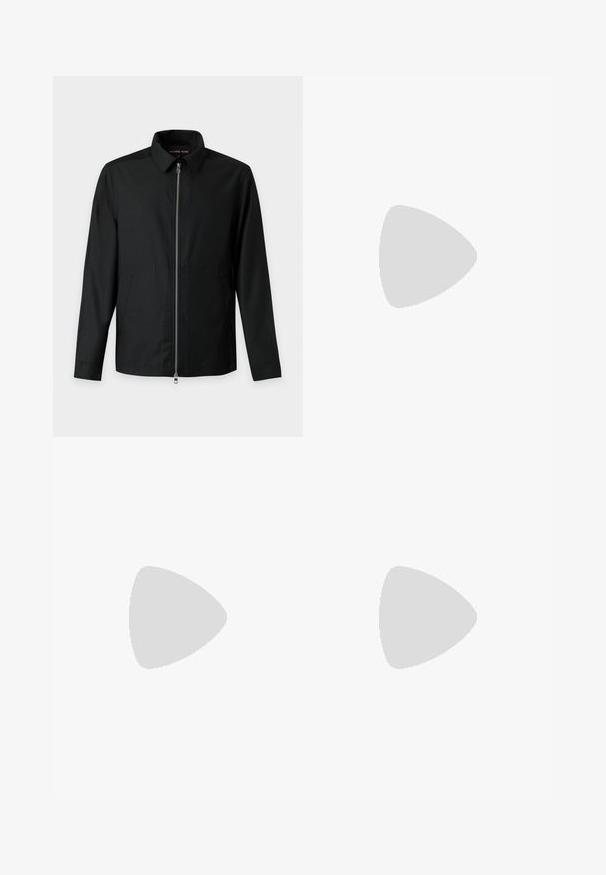 Veste noire décontractée à manches longues avec col et fermeture éclair métallique complète à l'avant, deux poches latérales et un ourlet droit.; T-shirt en coton blanc uni à manches courtes avec col rond, présenté à plat sur un fond gris clair.; Jean bleu clair taille haute, jambes larges, avec fermeture à boutons et fermeture éclair, poches avant et passants pour ceinture sur un fond uni.; Mocassin en cuir noir avec une finition brillante, bout arrondi, détails de couture subtils et semelle en caoutchouc épaisse pour la durabilité.
