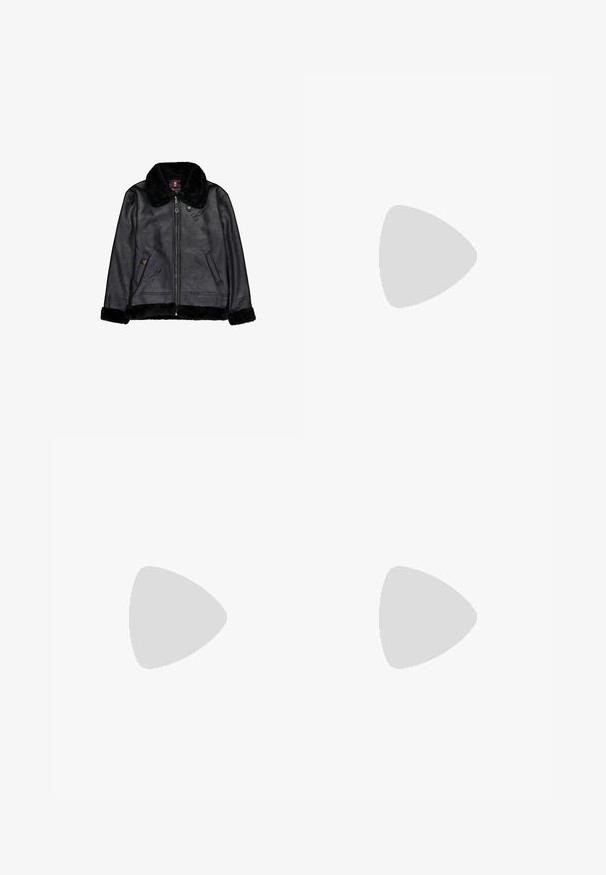 Sort jakke i imiteret læder med sort imiteret pelskrave, manchetter og kant, foran lynlås og to skrå lommer.; Sort langærmet turtleneck skjorte lavet af blødt, strækbart stof. Har et tætsiddende design og en glat tekstur. Ingen synlige mønstre eller accenter.; Sorte cargo bukser med lige pasform, der har sidelommer, knaplukning og elastiske manchetter ved anklerne. Fremstillet af slidstærkt stof.; Sorte atletikskoser lavet af mesh og syntetiske materialer, med et karakteristisk bølget design, sort gummisål og reflekterende detaljer.