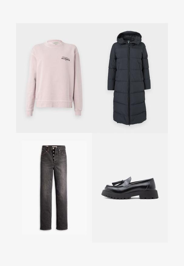 Langer gepolsterter Mantel in Dunkelgrau, mit einem Reißverschluss vorne, Kapuze und seitlichen Taschen. Steppdesign mit strukturierten Einsätzen.; Hellrosa Sweatshirt mit langen Ärmeln, Rundhalsausschnitt, gerippten Bündchen und schwarzem Schriftzug "Infinite Summer ALLSAINTS London" auf der linken Brust.; Schwarze hochgeschnittene Jeans mit geradem Bein, aus Denim gefertigt. Verfügt über einen Knopfverschluss, Kupferakzente und Kontrastnähte.; Schwarze Leder-Loafer mit spitz zulaufendem Design, Quastenakzent und grober Gummisohle mit Profil für besseren Halt.