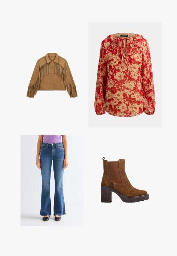 Veste en daim couleur fauve avec de longues franges détaillées sur la poitrine, les manches et le dos, dotée d'un col pointu et d'une fermeture avant dissimulée.; Blouse à manches longues en tissu transparent avec motif floral rouge et beige, encolure froncée et fermeture nouée à l'avant.; Femme portant un jean bootcut bleu taille haute, des ballerines noires et un t-shirt violet à manches courtes, debout devant un fond clair uni.; Bottine en daim marron avec talon noir épais, panneau latéral élastique et languette à l’arrière, vue de profil sur fond blanc.