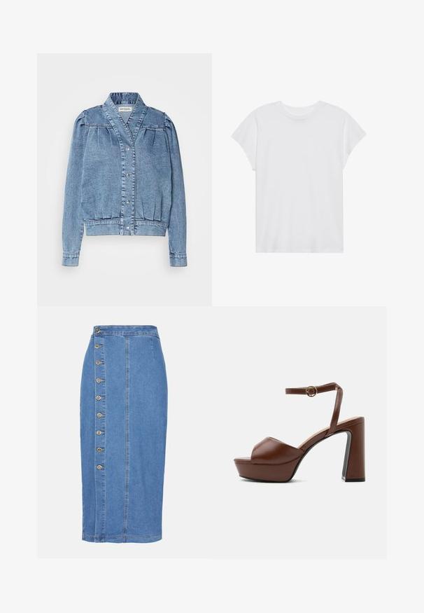 Veste en denim bleu clair avec un col, fermeture à boutons-pression à l'avant, manches bouffantes plissées et poignets côtelés. Possède une texture lisse et des coutures discrètes.; T-shirt blanc à manches courtes, col rond, coupe décontractée, en tissu de coton doux. Texture lisse, sans motifs ni logos.; Jupe midi en denim bleu clair avec une fermeture à boutons sur le devant, sept boutons métalliques et une silhouette droite avec un ourlet en dessous du genou.; Sandale à plateforme en cuir marron avec talon haut et épais, bout ouvert et bride de cheville ajustable avec boucle dorée, vue de côté.