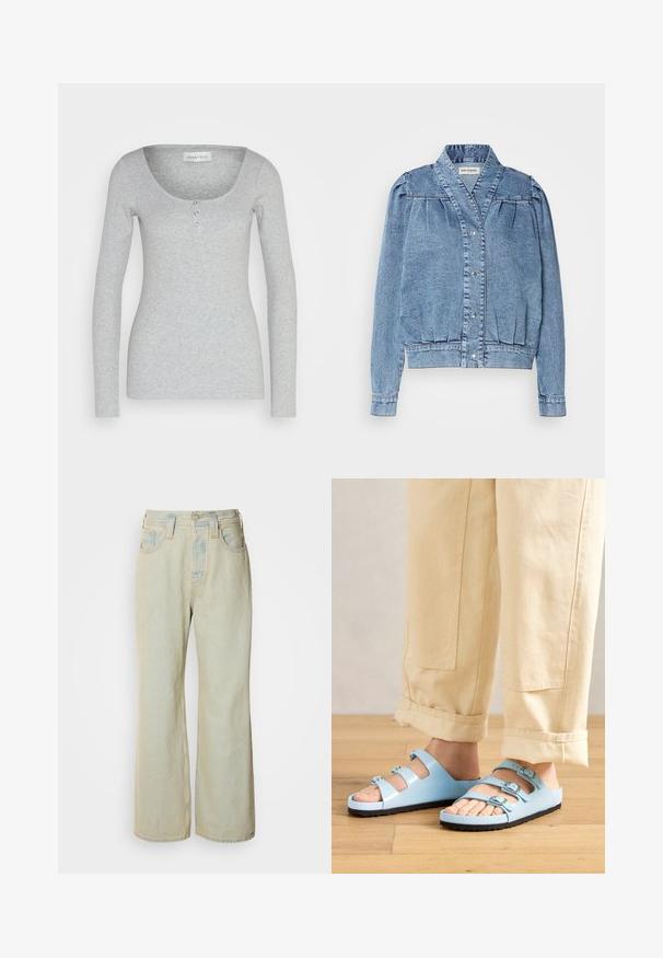 Chaqueta de mezclilla azul clara con cuello, cierre delantero de presión, mangas abullonadas con pliegues y puños de canalé. Presenta una textura suave y costuras sutiles.; Camiseta de manga larga color gris hecha de una tela suave y texturizada. Presenta un escote redondeado y tres botones funcionales en el centro delantero.; Vaqueros de pierna ancha de un azul claro, hechos de denim, con una cintura alta, cinco bolsillos y un ligero desvanecimiento con acentos de costura contrastante.; Chanclas de color azul claro con tres correas ajustables y hebillas plateadas; suela texturizada y material superior suave. Llevadas con pantalones beige arremangados.
