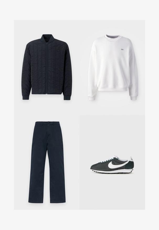 Marineblauwe gewatteerde jas met een ritssluiting aan de voorkant, ribgebreide kraag en manchetten, met een subtiele logo-accent op de linkerkant van de borst. Glad textuur.; Witte katoenen sweatshirt met een ronde hals, ribgebreide manchetten, een ribgebreide onderkant en een klein geborduurd logo op de borst. Zachte textuur.; Marineblauwe katoenen broek met een recht design, voorzien van een sluiting met drukknop aan de voorkant en riemlussen. Eenvoudige, effen textuur zonder patronen.; Zwarte mesh sneakers van Nike met een witte swoosh, witte veters en donkergroene suède accenten. Voorzien van een gestructureerde zwarte rubberen zool.