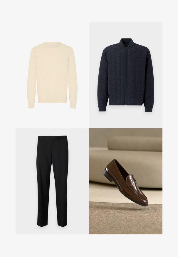 Veste matelassée marine avec fermeture éclair à l'avant, col et poignets côtelés, présentant un logo subtil sur la poitrine gauche. Texture lisse.; Pull beige clair en tricot doux, avec un col rond et des manches longues, doté de bords-côtes aux manches et à l'ourlet.; Pantalons noirs ajustés avec une coupe plate, taille standard et jambes droites. Fabriqués en tissu lisse, dotés d'une fermeture à un bouton.; Mocassin en cuir marron avec un motif texturé flottant au-dessus d'un tapis beige avec un canapé beige assorti en arrière-plan.