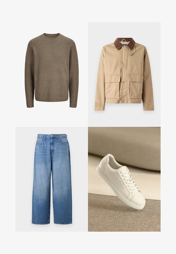 Tan jakke med krave i brun kordfløjl, trykknaplukning og to store forlommer. Lavet af holdbart stof med en glat tekstur.; Brun langærmet uldsweater med ribstrikkede manchetter, kant og rund hals.; Bredde denim jeans i lyseblå med en let falmet finish. Har klassisk fem-lomme design og metalknaplukning.; Hvide lædersneakers med hvide snørebånd, præsenteret på en beige tekstureret overflade og med en blødt uskarp baggrund.
