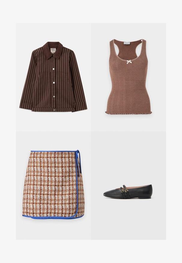 Brun kordfløjl jakke med hvide lodrette striber, spidse krave, frontknapper og to påsyede lommer.; Brun ribbet tanktop med hvid kant og en lille sløjfe i midten. Har et tætsiddende design og en bølget kant.; Vevet omslagsskjørt i brun og hvid ternet mønster med blå trim. Har en sidetie og tekstureret stof for ekstra detalje.; Sorte læder flade sko med spids tå, der har to sorte remme med gyldne hardware-detaljer. Glat tekstur og lav hæl.