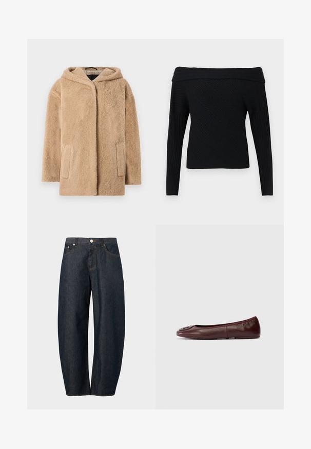 Manteau en fausse fourrure beige avec capuche, doté d'une coupe décontractée et de deux poches avant. La texture est douce et duveteuse, augmentant la chaleur.; Haut noir à manches longues et épaules dénudées, en tissu côtelé, avec un motif diagonal texturé et un large décolleté.; Jean en denim bleu foncé à jambes larges avec bouton frontal, fermeture éclair et poches sur un fond uni.; Ballerines en cuir bordeaux avec bout rond et accent en logo texturé sur le devant. Design sans couture et surface lisse. Semelle plate.