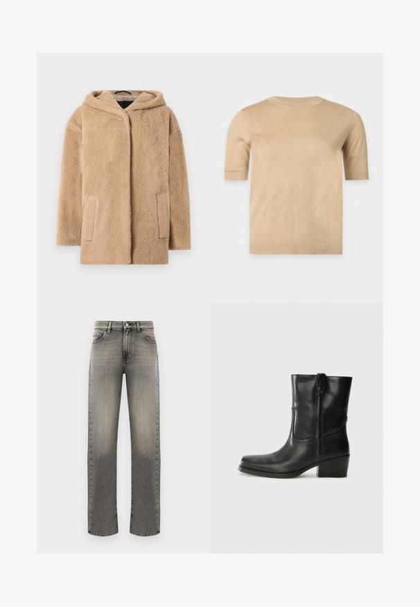 Beige faux fur-frakke med hætte, der har en afslappet pasform og to forlommer. Teksturen er blød og fluffy, hvilket øger varmen.; Beige striktrøje med korte ærmer, rund halsudskæring og lige kant, vist på en ensfarvet lys baggrund.; Grå denimjeans med lige ben, der har et falmet mønster, fem lommer og stikninger langs sømme og talje.; Sort læder ankelstøvle med rundt tå, blokhæl, lynlås i siden og stikninger på vampsiden. Glat tekstur, klassisk design.