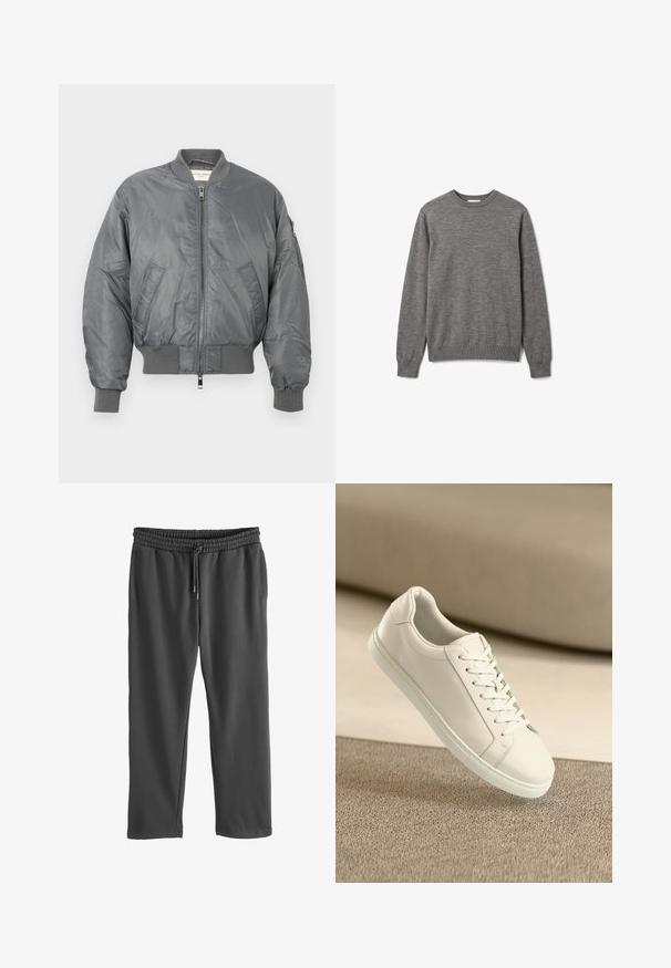 Graue Bomberjacke aus glänzendem Nylon mit gerippten Bündchen und Saum, ausgestattet mit einem Frontreißverschluss und Seitentaschen. Mit einer Ärmeltasche.; Grauer Herrenpullover mit Rundhalsausschnitt und langen Ärmeln, gerippten Bündchen und Saum, mit kleinem dezentem Logo auf der linken Brust.; Graue Sweatpants mit elastischem Bund und verstellbarem Kordelzug. Aus weichem Material gefertigt, mit seitlichen Taschen und lockerer Passform.; Weißes Leder Sneaker mit weißen Schnürsenkeln, auf einer beigefarbenen strukturierten Oberfläche präsentiert, und einem sanft verschwommenen Hintergrund.