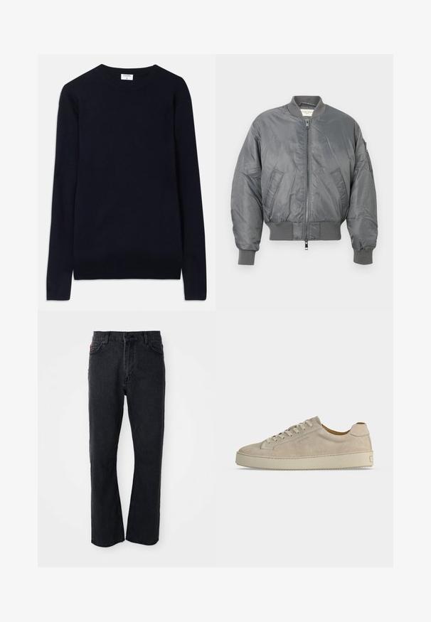 Grå bomberjakke lavet af blank nylon med ribbede manchetter og kant, med lynlås foran og sidelommer. Inkluderer en lomme på ærmet.; Marineblå crew-neck sweater lavet af blødt stof, med lange ærmer og ribbede detaljer ved kraven og kanten. Ren, minimalistisk design.; Sorte denim jeans med lige ben-design, høj talje, knaplukning og subtile syninger langs lommerne og sømmene.; Beige ruskind lavtop sneaker med snørelukning og tyk gummisål, vist fra siden på en ensfarvet hvid baggrund.