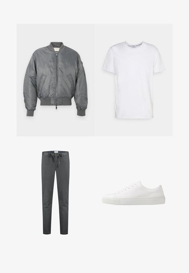 Grå bomberjakke lavet af blank nylon med ribbede manchetter og kant, med lynlås foran og sidelommer. Inkluderer en lomme på ærmet.; Hvid kortærmet t-shirt lavet af bomuld. Har en rund halsudskæring og en afslappet pasform uden synlige mønstre eller detaljer.; Grå, strækbare bukser med en glat tekstur, snøre i taljen og en knaplukning. Har et slim-fit design og minimale synlige sømme.; Hvide lædersneakers med en glat finish, rund tå og seks øjer til snørebånd. Har en tekstureret gummisål og et minimalisk design.