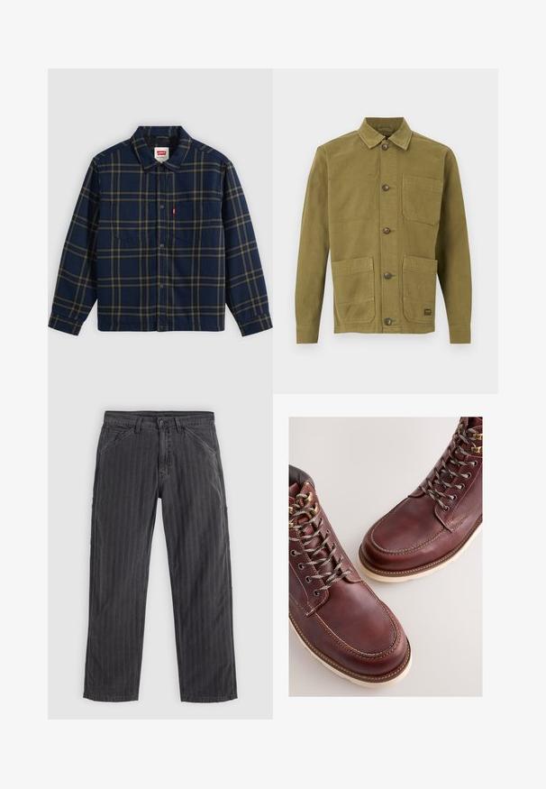 Marineblauw en olijfgroen geruit overhemd met knopen, kraag en twee borstzakken, Levi's rood label op de linker borstzak.; Olijfgroene katoenen jas met een kraag, voorzien van twee voorzakken en een knoopsluiting. Gestructureerde stof met zichtbare stikseldetails.; Zwart gestreepte broek van een katoenmix. Heeft een recht model, zijzakken en een knoopsluiting.; Bruine leren laarzen met een gladde afwerking, voorzien van metalen veteroogjes, grijze veters en een rubberen zool in crèmekleur. Stiksel detail langs de randen.