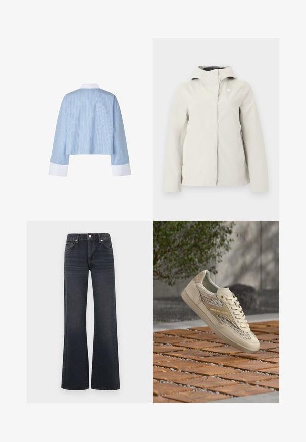 Licht beige, waterdichte jas met capuchon, voorzien van een verborgen ritssluiting aan de voorkant en een subtiel logo op de borst, ontworpen voor outdoor gebruik.; Korte blauwe shirt met verticale strepen, met een witte kraag en manchetten. De stof lijkt glad met een zachte textuur.; Donkerblauwe uitlopende spijkerbroek gemaakt van denim, met een hoge taille, voorzakken, riemlussen en een zichtbare metalen knop als sluiting.; Beige Karl Lagerfeld-sneaker met mesh- en lederen details, veters en gouden logotekst, zwevend in de lucht boven houten tegels buiten.