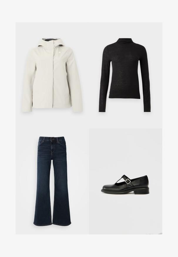 Svetlobéžová nepremokavá bunda s kapucňou, skrytým predným zipsom a jemným logom na hrudi, určená na použitie vonku.; Čierny dlhý rukáv turtleneck top vyrobený z textúrovanej látky, charakterizovaný slim fit strihom a minimalistickým dizajnom bez viditeľných vzorov alebo kovových doplnkov.; Mos Mosh HERA - Zvonové džínsy - dark blue; Čierna kožená obuv Mary Jane s okrúhlou špičkou, T-ramienkovým dizajnom, nastaviteľnou prackou a nízkym naskladaným podpätkom. Hladká textúra s minimálnym zdobením.