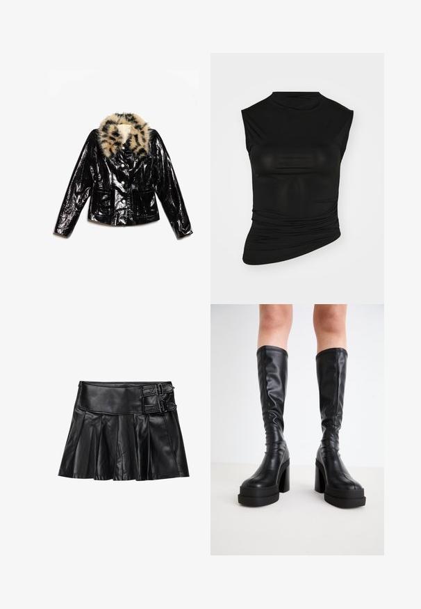 Veste en cuir verni noir avec un col en fausse fourrure léopard, présentant un design cropped, une fermeture à boutons sur le devant et deux poches avant.; Top sans manches noir avec un col montant, fabriqué en tissu lisse. Présente des détails froncés sur un côté et une silhouette ajustée.; Jupe en cuir noir avec des plis, taille large et deux accents à boucle sur le côté. Texture lisse avec une finition brillante.; Bottes noires hautes en cuir lisse, avec une épaisse semelle plateforme et un talon carré, ornées de surpiqûres le long des bords.