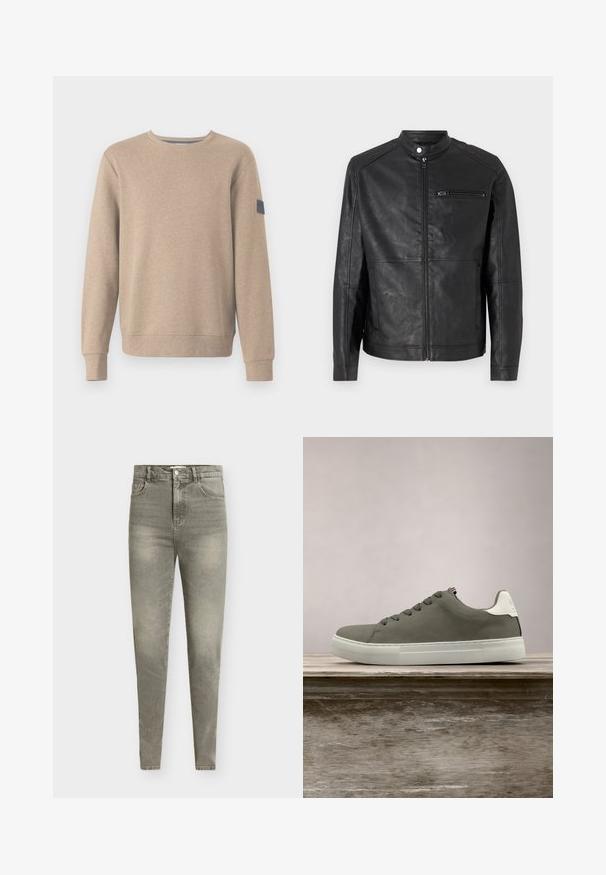 Veste en cuir noir avec col montant, fermeture éclair à l'avant et détails de surpiqûres horizontales sur les épaules. Dispose d'une poche poitrine zippée.; TOM TAILOR STRUCTURED CREW NECK - Sweatshirt - palm cashmere structure; Jean skinny en denim gris clair avec une taille haute, un design à cinq poches, un léger effet usé et une subtile décoloration sur tout le tissu.; Baskets grises avec une tige lisse, des accents blancs et une semelle en caoutchouc. Dotées d'un design classique à lacets et d'un bout de chaussure texturé.