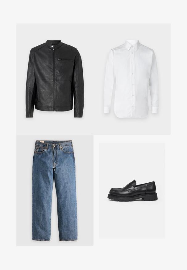 Chaqueta de cuero negra con cuello alzado, cremallera frontal y detalles de costura horizontal en los hombros. Cuenta con un bolsillo en el pecho con cremallera.; Camisa blanca de botones con mangas largas, hecha de tela de algodón suave, con cuello clásico y un brillo sutil. Cinco botones en la parte delantera.; Jeans de mezclilla azul con un corte recto, que cuentan con una cintura alta, remaches de cobre y costuras naranjas. Incluyen bolsillos delanteros y traseros.; Mocasín negro de cuero con suela gruesa y acanalada y detalle de tira para moneda, mostrado en perfil lateral derecho sobre fondo blanco.