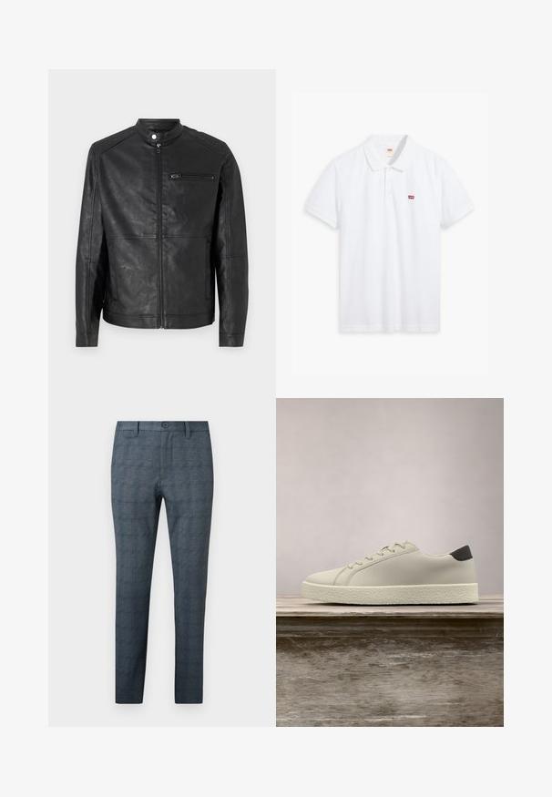 Zwarte leren jas met een staande kraag, rits aan de voorkant en horizontale stiksels op de schouders. Beschikt over een ritsvak op de borst.; Witte polo shirt van katoen. Voorzien van een drie-knopen sluiting, korte mouwen en een klein rood Levi's logo op de linkerborst.; Slim-fit herenkleedbroek in blauwgrijs met een subtiel ruitpatroon, voorste knoop, riemlussen en een vlak ontwerp aan de voorkant.; Witte sneaker met gestructureerde zool en zwarte hieldetails, zwevend boven een houten bank met hoge groene graspluimen op de achtergrond.