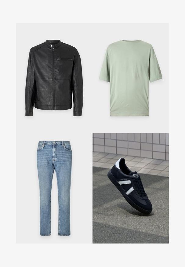 Chaqueta de cuero negra con cuello alzado, cremallera frontal y detalles de costura horizontal en los hombros. Cuenta con un bolsillo en el pecho con cremallera.; Camiseta de manga corta verde claro hecha de tejido suave. Presenta un cuello redondo y un corte holgado sin patrones ni adornos visibles.; Jeans de denim azul claro con un diseño de pierna recta, que cuentan con cinco bolsillos y cierre de botón frontal. Una textura desgastada añade interés visual.; Zapatilla de cuero negra con rayas blancas, suela de goma texturizada y parte frontal con cordones. Cuenta con una etiqueta de marca en la lengüeta.