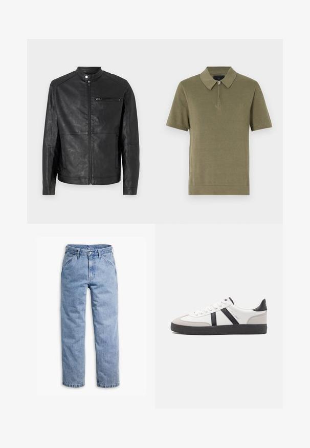 Must must vest, millel krae, esi tõmblukuga esikülg ja horisontaalne õmblustöötlemine õlgadel. Omab tõmblukuga rinnataskut.; Olive roheline lühikeste varrukatega polo särk, millel on lukuga krae, tekstureeritud kangas ja sirge serv. Lihtne ja puhas disain.; Hele sinised sirgelõikelised teksapüksid ees oleva nööbi ja luku, vöökandurite ning diagonaalsete esitaskutega.; Valged tossud mustade ja hallide aktsentidega, tekstureeritud halli varbakattega, musta kummitald ja lamedad valged paelad. Puhtad jooned, minimalistlik stiil.
