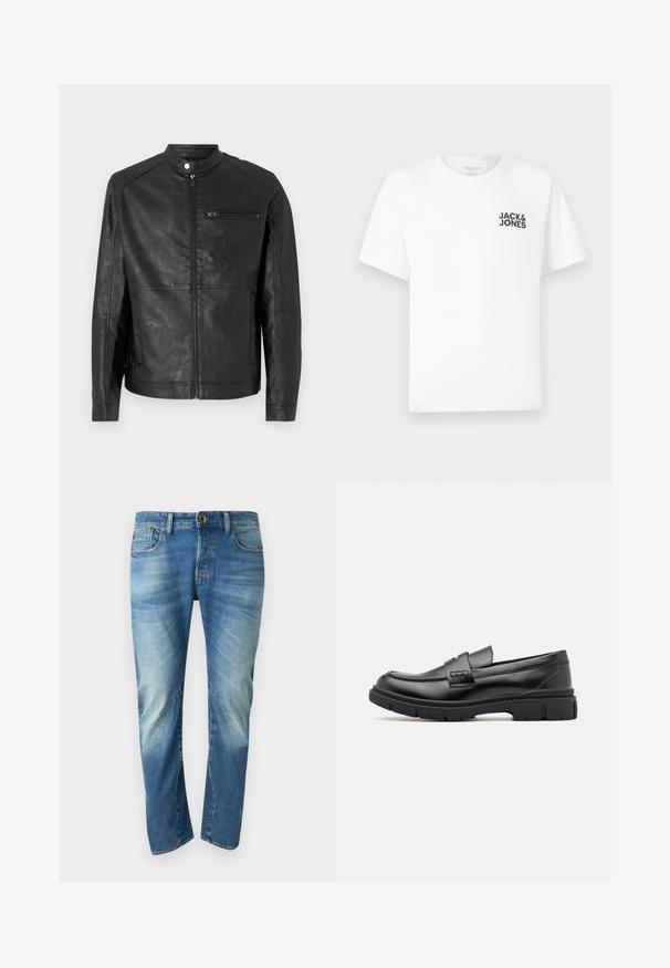 Schwarze Lederjacke mit Stehkragen, Frontreißverschluss und horizontalen Steppnähten an den Schultern. Verfügt über eine Reißverschlusstasche auf der Brust.; Weißes Baumwoll-T-Shirt mit kurzen Ärmeln und Rundhalsausschnitt. Enthält ein schwarzes Textlogo "JACK & JONES" auf der linken Brustseite. Einfaches, schlichtes Design.; Blaue ausgewaschene gerade Jeans mit fünf Taschen, Knopfverschluss und sichtbaren Nahtdetails auf der Vorderseite.; Schwarze Lederloafer mit einem breiten Riemen über dem Rist, Gummisohle mit dicken Profilen und glatter Textur. Klassisches, schlankes Design.