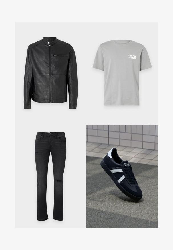 Veste en cuir noir avec col montant, fermeture éclair à l'avant et détails de surpiqûres horizontales sur les épaules. Dispose d'une poche poitrine zippée.; T-shirt en coton gris à manches courtes, col rond, avec un logo blanc "JACK & JONES" imprimé sur le côté gauche de la poitrine.; Jeans en denim noir avec une coupe slim, présentant des zones déchirées visibles au niveau des genoux, cinq poches, ainsi qu'une fermeture standard à bouton et à glissière.; Sneaker en cuir noir avec des rayures blanches, semelle en caoutchouc texturée et devant à lacets. Présente une étiquette de marque sur la languette.