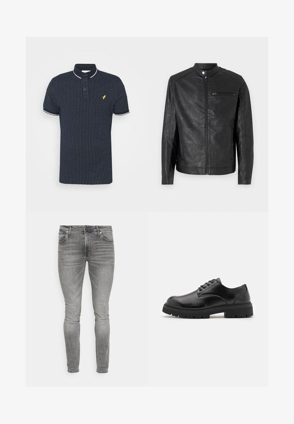Chaqueta de cuero negra con cuello alzado, cremallera frontal y detalles de costura horizontal en los hombros. Cuenta con un bolsillo en el pecho con cremallera.; Polo navy con un pequeño patrón de puntos blancos, mangas cortas, acentos blancos en el cuello y los puños, y un logo amarillo en el pecho.; Jeans skinny de mezclilla gris con una textura suave, diseño de cinco bolsillos y un desvanecimiento sutil. Presenta herrajes de metal y un cierre de cremallera.; Zapatos de cuero negro con punta redondeada, diseño con cordones y una suela de goma gruesa y texturizada. Presentan costuras a lo largo del borde y un acabado suave.