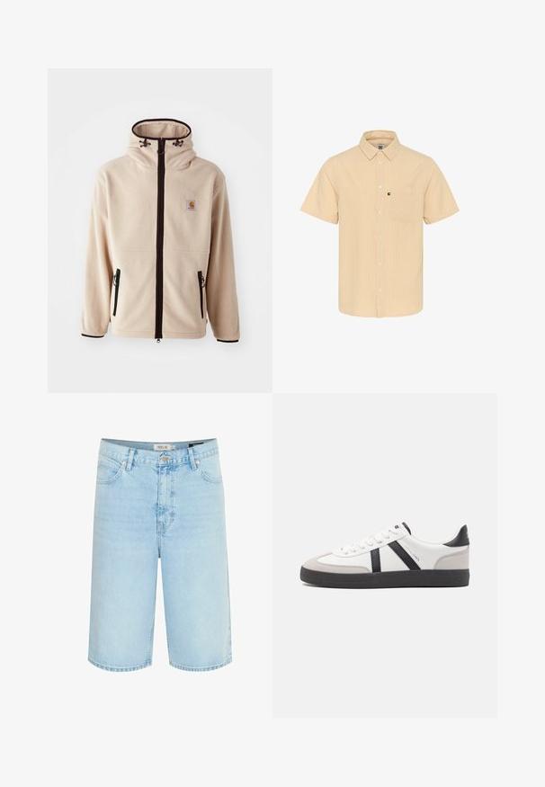 Beige fleecejakke med høj krave, sorte lynlåse og sidelommer. Har et logo patch på brystet og kontrastfarvet sort kanterne.; Korte ærmer skjorte med knaplukning i lys beige med et ternet mønster, der har en enkelt brystlomme og krave.; Lyseblå denimshorts med afslappet pasform, fem-lomme design, enkelt knaplukning og kontrastsyninger langs sømmene.; Hvide sneakers med sorte og grå detaljer, med en tekstureret grå tåhætte, sort gummisål og flade hvide snørebånd. Rent design, minimalistisk stil.