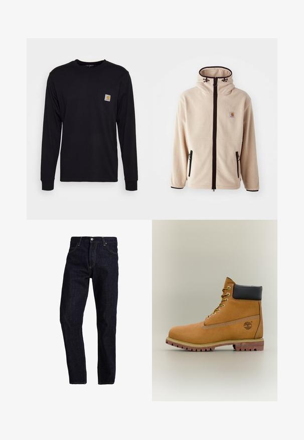 Beige Fleecejacke mit hohem Kragen, schwarzen Reißverschlüssen und seitlichen Taschen. Verfügt über ein Logo-Patch auf der Brust und kontrastierende schwarze Besätze.; Schwarzes Langarmshirt aus Baumwolle. Verfügt über eine Brusttasche mit einem quadratischen grauen Etikett und orangefarbigem Logo. Einfaches, einfarbiges Design.; Dunkelblaue Jeans aus Denim mit geradem Schnitt, ausgestattet mit gelben Nähten, fünf Taschen und einem klassischen Knopf- und Reißverschluss.; Brauner Leder-Stiefelette mit schwarzem Kragen, gelben Schnürsenkeln und hellbrauner Sohle. Verfügt über ein Logo und weiße Ziernähe. Robuste Profilsohle.