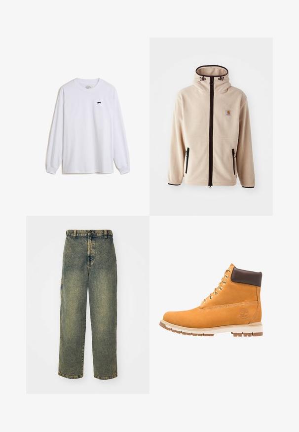 Beige fleece jack met een hoge kraag, zwarte ritsen en zijzakken. Voorzien van een logo-patch op de borst en contrasterende zwarte afwerking.; Witte langelijf t-shirt van katoen, met een kleine zwarte skateboardafbeelding op de linkerkant van de borst en geribde manchetten.; Baggy denim jeans in een vervaagde blauwe en groene was. Heeft een knoopsluiting, riemlussen en zijzakken. Vlakke voorkant en rechte pijpen.; Timberland RADFORD 6 IN BOOT WP - Veterboots - wheat