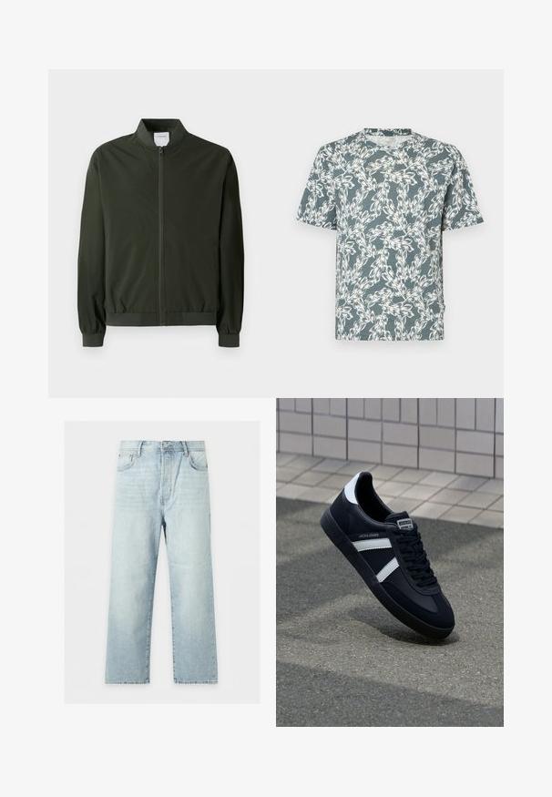 Olivengrøn bomberjakke lavet af glat nylon, med en lynlås foran, ribbede manchetter og en rund krave. Ingen synlige mønstre eller accenter.; Kortærmet T-shirt i teal-farve med et hvidt blomsterdesign. Fremstillet af letvægtsstof med en afslappet pasform.; Lyseblå jeans med brede ben, fem lommer, knap- og lynlåslukning samt let falmet vask, lagt fladt på en hvid baggrund.; Sort lædersneaker med hvide striber, tekstureret gummisål og snørrebånd foran. Har et brandet mærke på tungen.