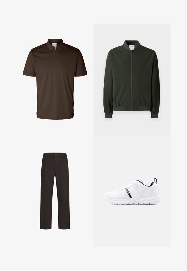 Veste bomber vert olive en nylon lisse, dotée d'une fermeture éclair sur le devant, de poignets côtelés et d'un col arrondi. Aucun motif ou accent visible.; Polo marron foncé à manches courtes avec un col et une fermeture éclair avant moitié, présenté sur fond blanc.; Pantalon marron en coton, présentant une coupe droite, des poches avant, une fermeture à boutons et une texture lisse.; Baskets de sport blanches avec matériau en maille respirante, doublure intérieure noire, languette de traction et logo "Jack & Jones" sur la bande latérale.