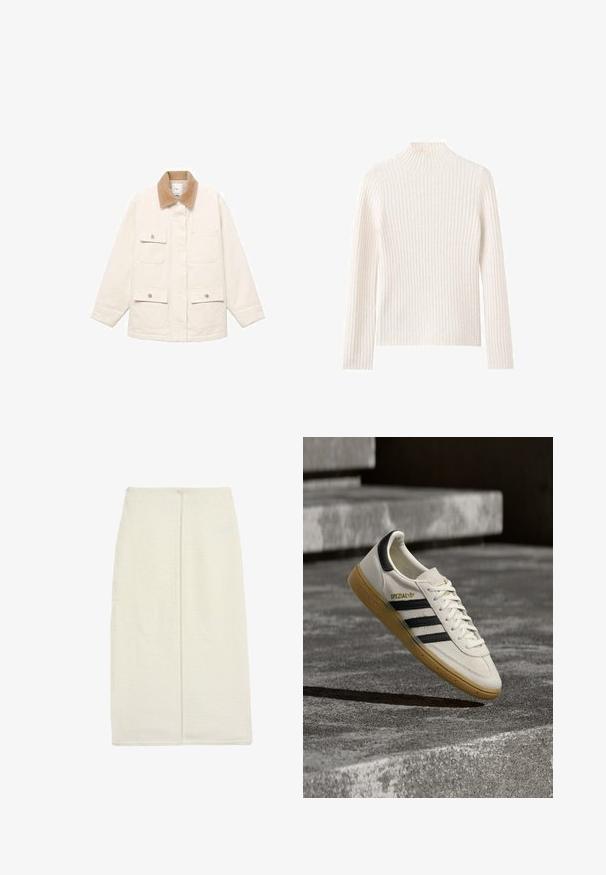 Cremefarvet jakke med et kordfløjlskrave, fire forlommer og trykknaplukninger. Lange ærmer med en lige skæring.; Ribstrikket rullekravesweater i off-white, lavet af blødt strikstof. Har lange ærmer og en tætsiddende silhuet.; Lang elfenbenfarvet nederdel lavet af tekstureret stof, med en lige design og en centralt placeret bagsøm. Ingen synligt hardware eller mønstre.; Hvid Adidas Spezial sneaker med sorte striber og gummisål, svævende over grå stentrin udendørs.