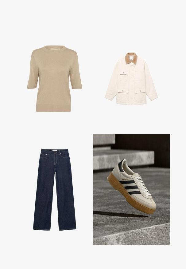 Cremefarbene Jacke mit einem Cordkragen, vier Vordertaschen und Druckknopfverschlüssen. Lange, gerade geschnittene Ärmel.; Culture CUEBBA ANNEMETTE - Strickpullover - tannin; Dunkelblaue Jeans mit geradem Bein, Vordertaschen, Gürtelschlaufen, Knopfverschluss und sichtbaren Kontrastnähten.; Beige Wildleder-Sneaker mit schwarzen Streifen, weißen Schnürsenkeln und einer Gummisohle in Karamellfarbe. Mit "SPEZIAL" Schriftzug an der Seite.