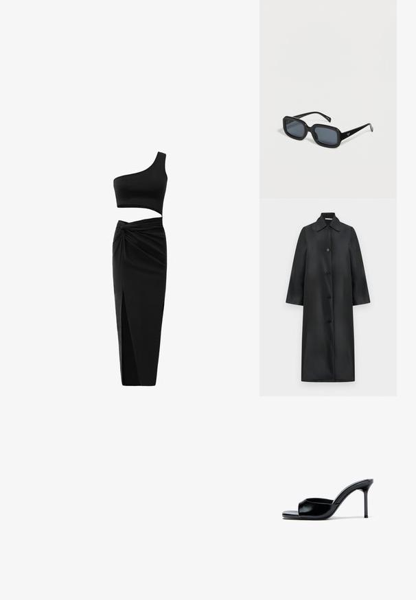 Lange zwarte mantel met een rij knopen, een puntige kraag, vier knopen, rechte snit en lange mouwen, afgebeeld op een witte achtergrond.; Zwart twee-delig outfit met een één-schouder crop top en hoge taille rok met een gedraaide detail en een zijsplit. Glad materiaal.; Zwarte leren muil met open teen, een hoge stilettohak en een enkele brede band aan de voorkant.; Zwarte rechthoekige zonnebril met dikke monturen en donker getinte glazen, liggend op een wit oppervlak.