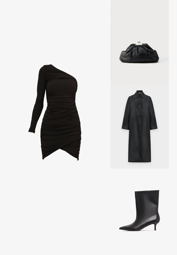 Abrigo largo negro de un solo pecho con cuello puntiagudo y cuatro botones, corte recto y mangas largas, exhibido sobre un fondo blanco.; Vestido negro de un solo hombro, confeccionado en material elástico, con detalles fruncidos y un dobladillo asimétrico que proporciona una silueta ajustada.; Botín negro de cuero hasta el tobillo con un acabado suave, punta afilada y un tacón bajo tipo kitten. Diseño sencillo sin adornos adicionales.; Bolso de mano de cuero negro con textura recogida, cierre de broche metálico y logo en relieve sutil en el frente. Forma redondeada.