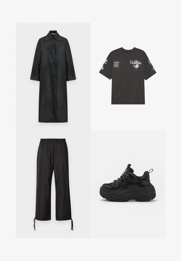 Langer schwarzer Mantel mit einfacher Knopfleiste, spitzem Kragen und vier Knöpfen, geradem Schnitt und langen Ärmeln, vor weißem Hintergrund dargestellt.; Schwarzes Baumwoll-T-Shirt mit kurzen Ärmeln, Rundhalsausschnitt, bedruckten Grafiken einschließlich Text und Mondmotiven auf der Vorderseite und den Ärmeln.; Schwarze, locker sitzende Hosen mit einem elastischen Bund und verstellbaren Kordeln an den Knöcheln. Glattes Gewebe mit einem dezenten Glanz.; Schwarzer Sneaker mit chunky Design, featuring einem strukturierten Obermaterial, Mesh-Einsätzen und einer dicken Gummisohle. Reflexionsschnürsenkel und sichtbare Markendetails.