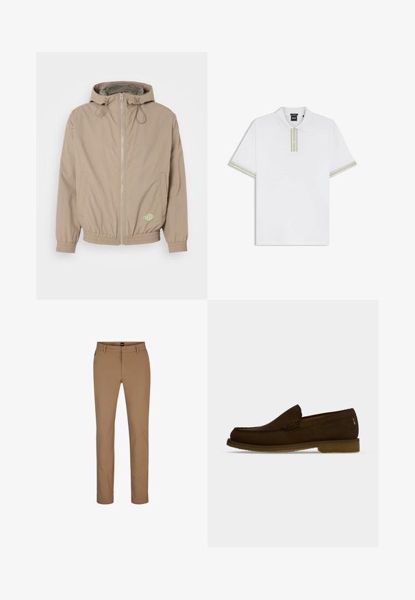 Lichtbeige beweegbare jas met capuchon, gemaakt van gladde stof, met een rits aan de voorkant, een elastische onderrand en een groen logoaccent aan de rechteronderzijde.; Witte polo met korte mouwen en beige dubbele strepen op het knoopsluitingsstuk en de mouwboorden, met een kraag en een BOSS-label aan de binnenkant van de kraag.; Lichtbruine broek van een katoenmix met een recht model, steekzakken aan de voorkant en een ritssluiting. Minimaal beslag en geen zichtbare patronen.; Donkerbruine leren loafer met lage buitenzool, mocassinaatachtige stiksels en slip-on ontwerp, getoond vanuit zijaanzicht op een lichte achtergrond.
