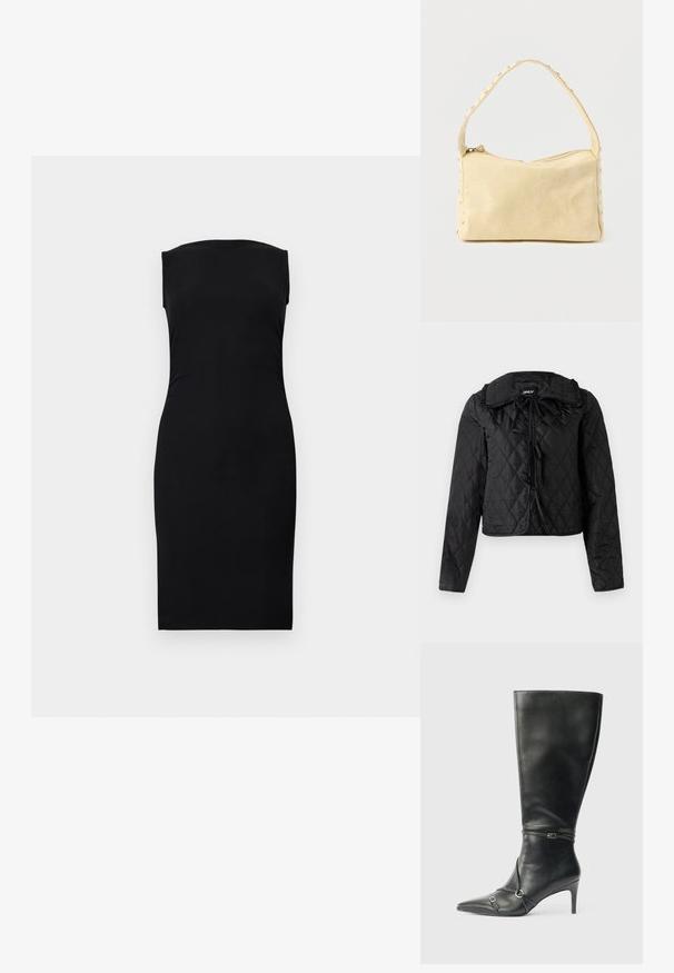 Veste matelassée noire avec manches longues, col volanté et trois fermetures à nouer à l'avant, suspendue sur un fond blanc.; Robe midi noire sans manches avec silhouette ajustée et encolure droite sur un fond uni.; Bottes noires en cuir montant jusqu'au genou, avec un talon fin, un bout pointu et des détails de lanière à la cheville. Texture lisse et design ajusté.; Petit sac à main en cuir beige avec une seule bandoulière et des clous argentés le long des bords et de la bandoulière, posé sur un fond uni.