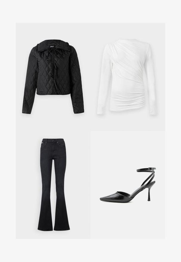 Veste matelassée noire avec manches longues, col volanté et trois fermetures à nouer à l'avant, suspendue sur un fond blanc.; Haut long à manches blanches en tissu lisse et extensible ; présente des détails froncés sur les côtés et un col rond.; Jeans évasés noirs en denim, dotés d'un design classique à cinq poches, d'une fermeture à bouton et de détails de couture subtils.; Escarpin noir à bout pointu avec fines brides de cheville et fermeture à boucle argentée sur fond clair uni.